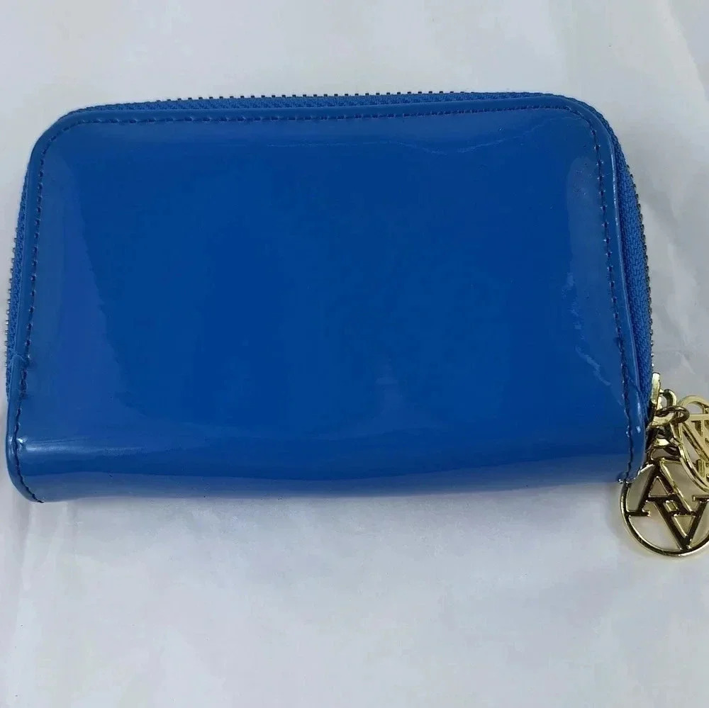 Adrienne Vittadini Bifold Blue Patent Leather with Gold Colored Zippers Wallet - Picture 3 of 14